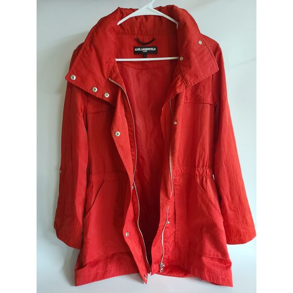 Karl Lagerfeld Red Windbreaker Lightweight Jacket Small Hidden Hoodie Zip - Picture 1 of 6